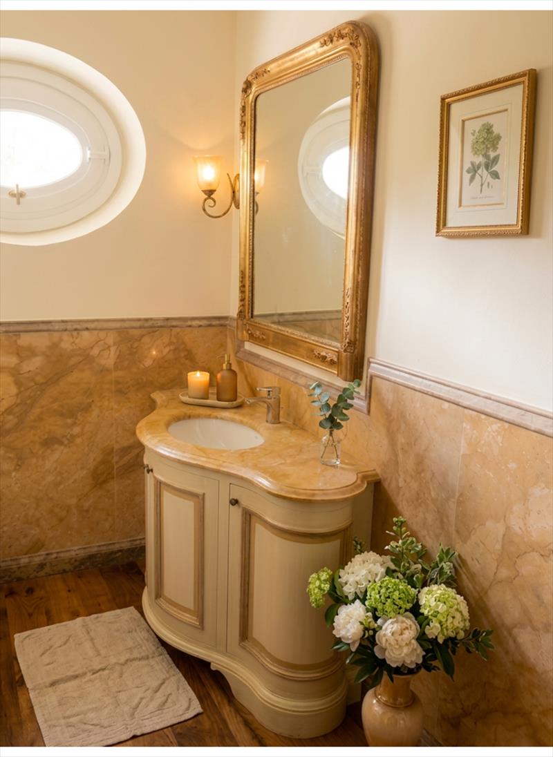 Mobile bagno curvo e sinuoso. Su misura in legno e marmo
