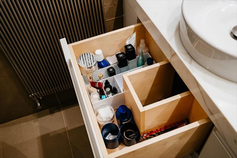 Custom bathroom vanity, detail of wooden drawers